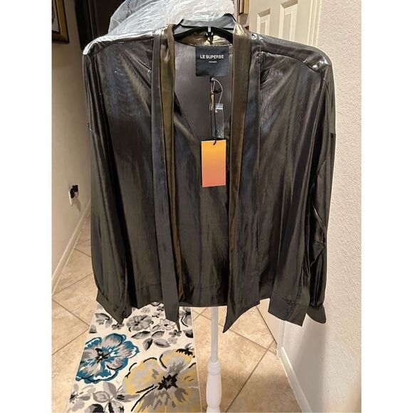 Le Superbe Womens Medium Pewter Gold Costes Blouse Tie Front V Neck Long Sleeve - Picture 1 of 3